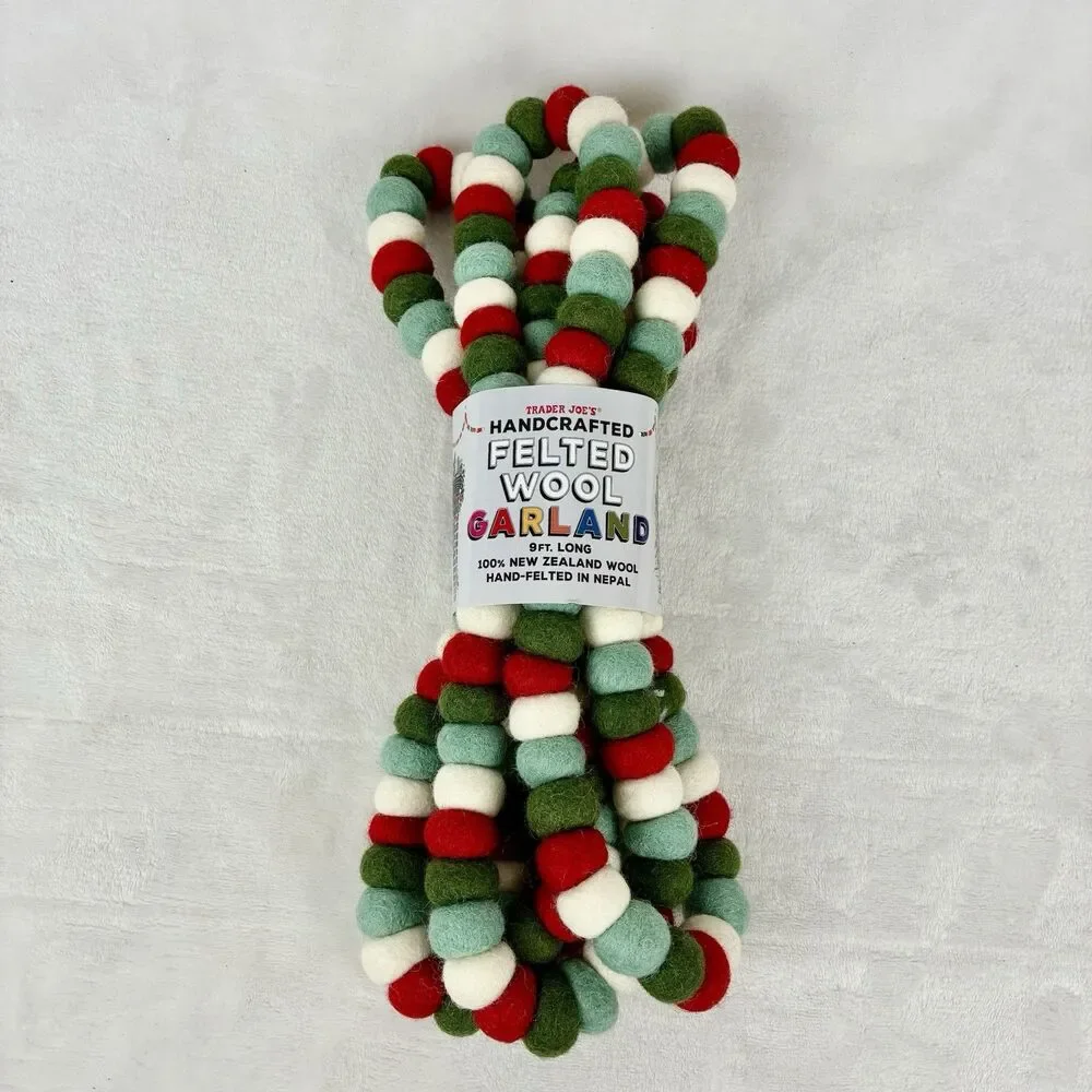 Trader Joe's Handcrafted Felted Wool Garland 9ft  Green Red White Holiday NWT